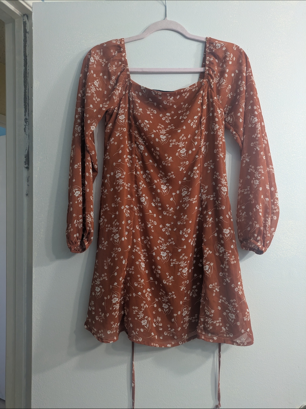 Rust Floral Long-Sleeve Square Neck Mini Dress